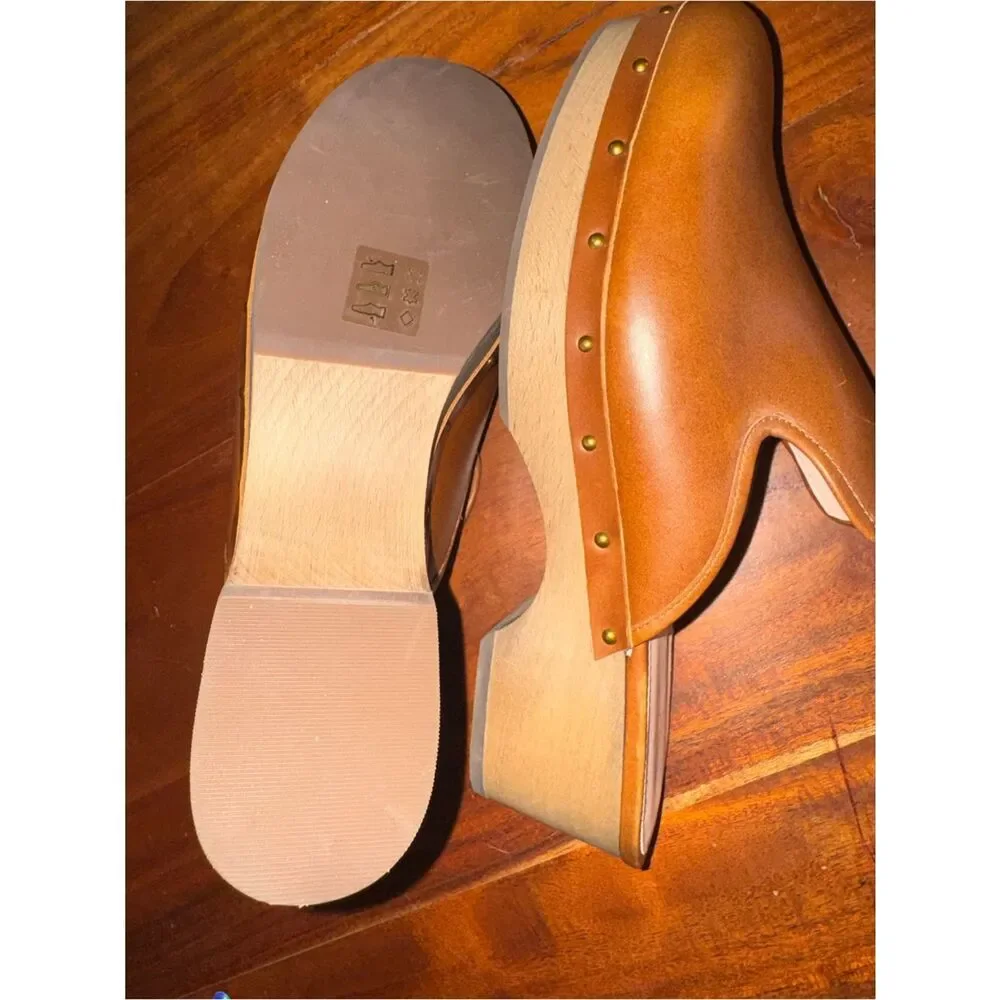 J.Crew NWOT Brown Leather Clog Mules Studded Wood Platform Size 12  70’ vibe